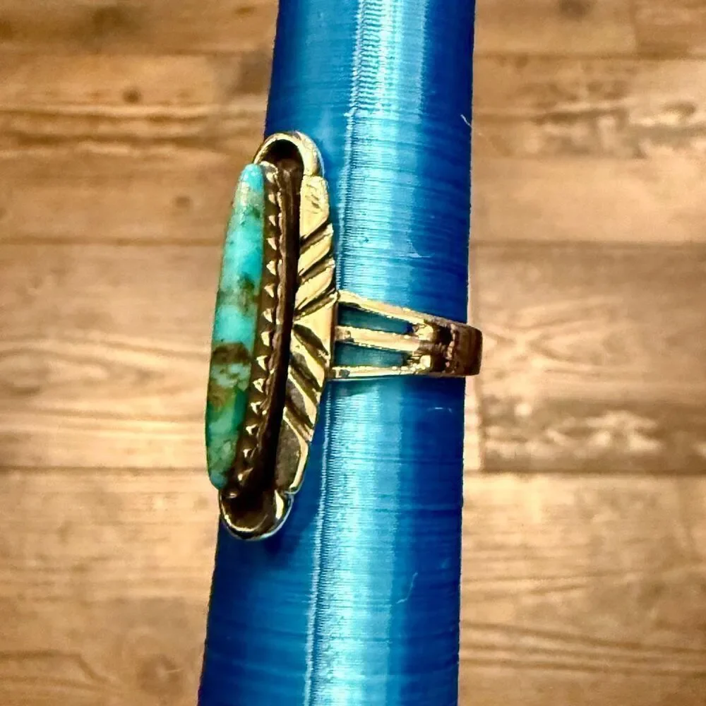 Sterling Silver Turquoise Statement Ring – Feather Design, Southwestern Size 7